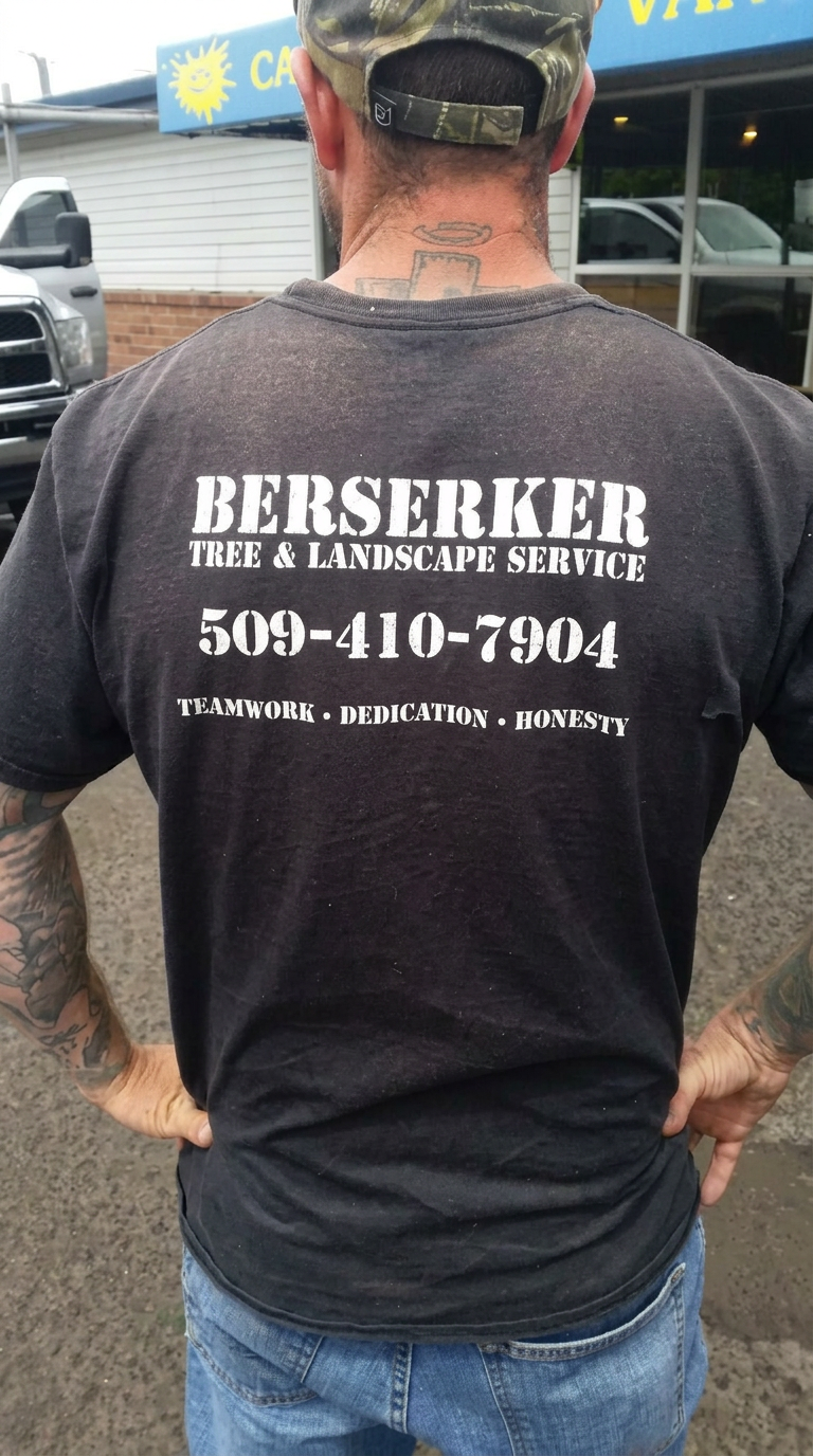 Joe Maners, owner of Berserker Tree & Landscape Service in Richland, WA, wearing the crew shirt — Teamwork, Dedication, Honesty